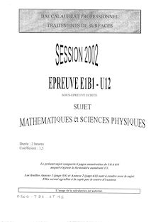 Mathématiques et sciences physiques 2002 Bac Pro - Traitements de surfaces