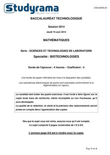 Sujet Bac STL Mathématiques Option Biotech 2014