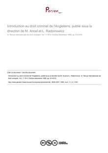 Introduction au droit criminel de l Angleterre, publié sous la direction de M. Ancel et L. Radzinowicz - note biblio ; n°4 ; vol.11, pg 814-815