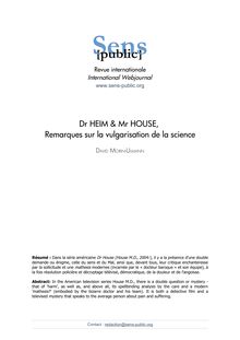  Dr HEIM & Mr HOUSE, Remarques sur la vulgarisation de la science