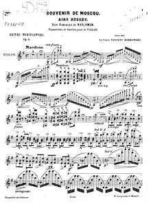 Partition de violon, Souvenir de Moscou, Wieniawski, Henri