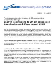 Eurostat : En 2012, les émissions de CO2 ont baissé selon les estimations de 2,1% par rapport à 2011