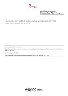 Fouilles de la Trinité, à Callas (Var). Campagne de 1960 - article ; n°2 ; vol.21, pg 261-275