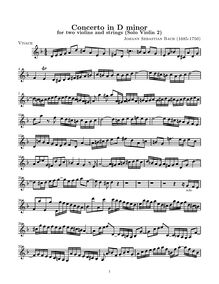Partition violon 2 solo, Concerto pour 2 violons, Double Concerto par Johann Sebastian Bach