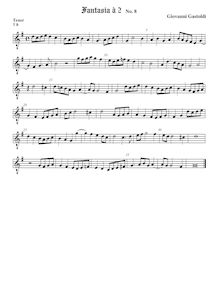 Partition ténor viole de gambe (octave aigu clef), fantaisies pour 2 violes de gambe par Giovanni Giacomo Gastoldi