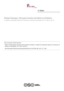 Robert Garapon, Ronsard chantre de Marie et d Hélène  ; n°1 ; vol.13, pg 69-70