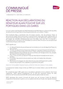 Portiques de sécurité dans les gares : communiqué de presse de la SNCF en réaction aux déclaration d Alain Fouché