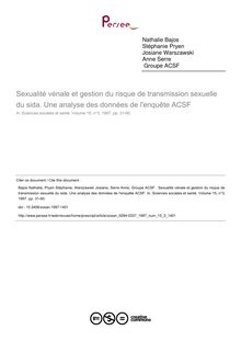 Sexualité vénale et gestion du risque de transmission sexuelle du sida. Une analyse des données de l enquête ACSF - article ; n°3 ; vol.15, pg 31-60