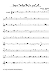 Partition alto (octave teble clef), Canzon Vigesima  La Moranda à 5 