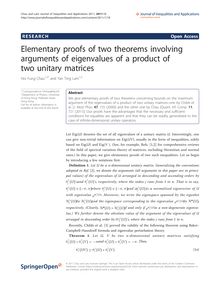 Elementary proofs of two theorems involving arguments of eigenvalues of a product of two unitary matrices