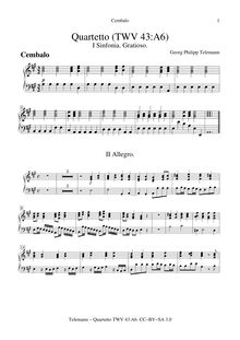 Partition clavecin, Quartetto en A major, TWV 43:A6, Telemann, Georg Philipp