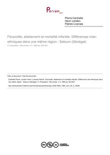 Fécondité, allaitement et mortalité infantile. Différences inter-ethniques dans une même région : Saloum (Sénégal) - article ; n°3 ; vol.35, pg 623-647