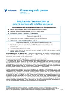 Vallourec - Résultats annuels 2014 et perpectives pour 2015