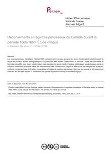 Recensements et registres paroissiaux du Canada durant la période 1665-1668. Étude critique - article ; n°1 ; vol.25, pg 97-124