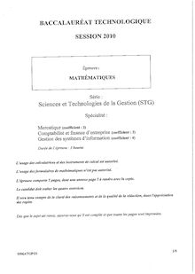 Sujet du bac STG 2010: Mathématiques MERC+CFE+GSI