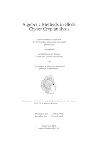Algebraic methods in block cipher cryptanalysis [Elektronische Ressource] / von Ralf-Philipp Weinmann