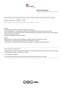 Armoiries des apothicaires de la famille de Voltaire (François-Marie Arouet, 1694-1778) - article ; n°318 ; vol.86, pg 183-186