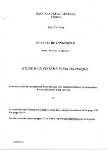 Sujet du bac S 2004: Sciences de l Ingénieur