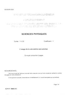 Sciences Physiques 2003 BTS Agro-équipement