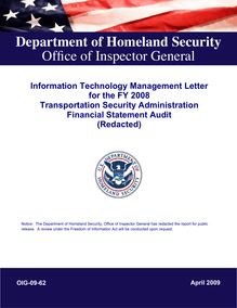 Information Technology Management Letter for the FY 2008  Transportation Security Administration Financial
