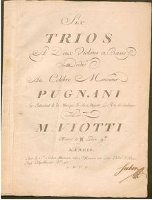 Partition violon 1, 6 corde Trios, WIII 1-6 (Op.2), Six trios à deux violons et basse; Six Trios concertans par Giovanni Battista Viotti