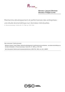 Recherche-développement et performances des entreprises : une étude économétrique sur données individuelles - article ; n°5 ; vol.36, pg 1001-1042