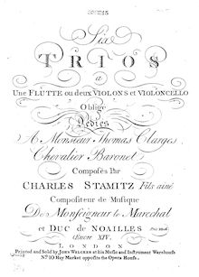 Partition flûte / violon 1, 6 Trios, Six trios a une flutte ou deux violons et violoncello obligé