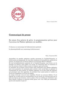 Grève à la Comédie Française - Communiqué de Presse
