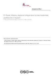 É. Poulat. Histoire, dogme et critique dans la crise moderniste, postface de A. Dupront  ; n°2 ; vol.213, pg 243-244
