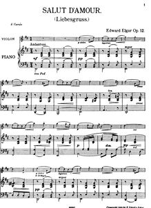 Partition de piano (transposed, D major), Salut d amour