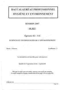 Sciences et technologies de l environnement 2007 Bac Pro - Hygiène et environnement