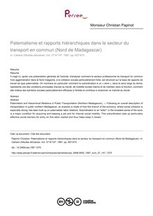 Paternalisme et rapports hiérarchiques dans le secteur du transport en commun (Nord de Madagascar) - article ; n°147 ; vol.37, pg 657-673