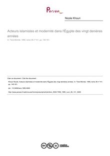 Acteurs islamistes et modernité dans l Égypte des vingt denières années - article ; n°141 ; vol.36, pg 145-161