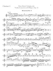 Partition clarinette 1, 2 (A, B♭), violon Concerto, D major, Tchaikovsky, Pyotr