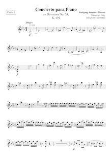 Partition violons I, Piano Concerto No.24, C minor, Mozart, Wolfgang Amadeus par Wolfgang Amadeus Mozart