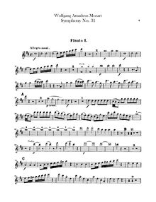 Partition flûte 1, 2, Symphony No.31, Paris Symphony, D major, Mozart, Wolfgang Amadeus
