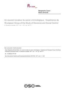 Un courant novateur du savoir criminologique : l expérience de l European Group of the Study of Deviance and Social Control - article ; n°1 ; vol.1, pg 109-117
