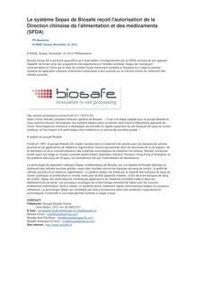 Le système Sepax de Biosafe reçoit l autorisation de la Direction chinoise de l alimentation et des médicaments (SFDA)