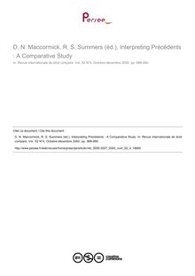 D. N. Maccormick, R. S. Summers (éd.), Interpreting Précédents : A Comparative Study - note biblio ; n°4 ; vol.52, pg 988-990