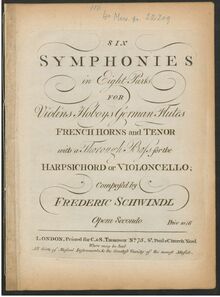 Partition violoncelles/Basses/Continuo, 6 Symphonies, Op.2, . D major G major C major D major F major E♭ major