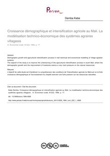 Croissance démographique et intensification agricole au Mali. La modélisation technico-économique des systèmes agraires villageois  - article ; n°1 ; vol.222, pg 17-17