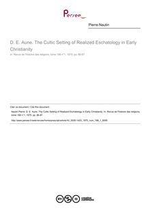 D. E. Aune. The Cultic Setting of Realized Eschatology in Early Christianity  ; n°1 ; vol.188, pg 86-87