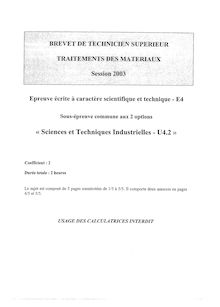 Sciences techniques industrielles 2003 BTS Traitement des matériaux