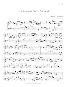 Partition 2e Allemande (du 8e Ton en G), Pièces de clavecin du manuscrit Bauyn