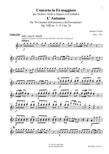 Partition violon Solo, violon Concerto en F major, RV 293, L autumno (Autumn) from Le quattro stagioni (The Four Seasons)