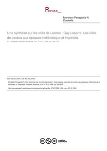 Une synthèse sur les cités de Lesbos : Guy Labarre, Les cités de Lesbos aux époques hellénistique et impériale.  ; n°2 ; vol.25, pg 269-270