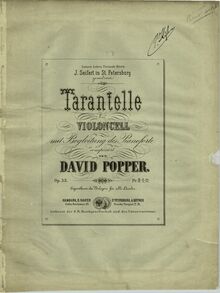 Partition couverture couleur, Tarantella, Op.33, Popper, David