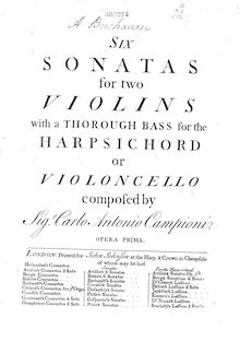 Partition Continuo, 6 Trio sonates, Six sonatas for two violins, with a thorough bass for the harpsichord or violoncello par Carlo Antonio Campioni