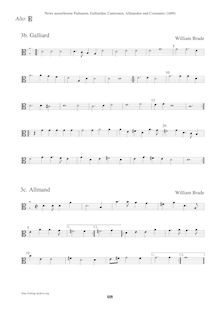 Partition Alto en C3 clef (Galliard + Allmand), Newe ausserlesene Paduanen, Galliarden, Cantzonen, Allmand und Couranten par William Brade