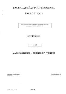 Mathématiques - Sciences physiques 2002 Bac Pro - Énergétique